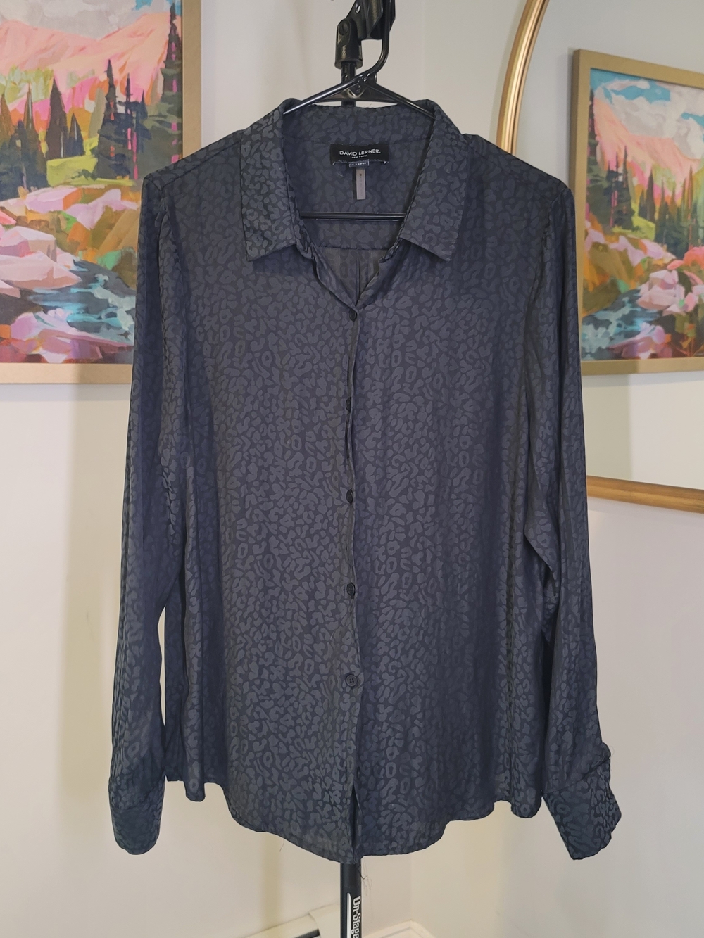 DAVID LERNER Long Sleeve Button Down Black Leopard Print Blouse Women's Size XL